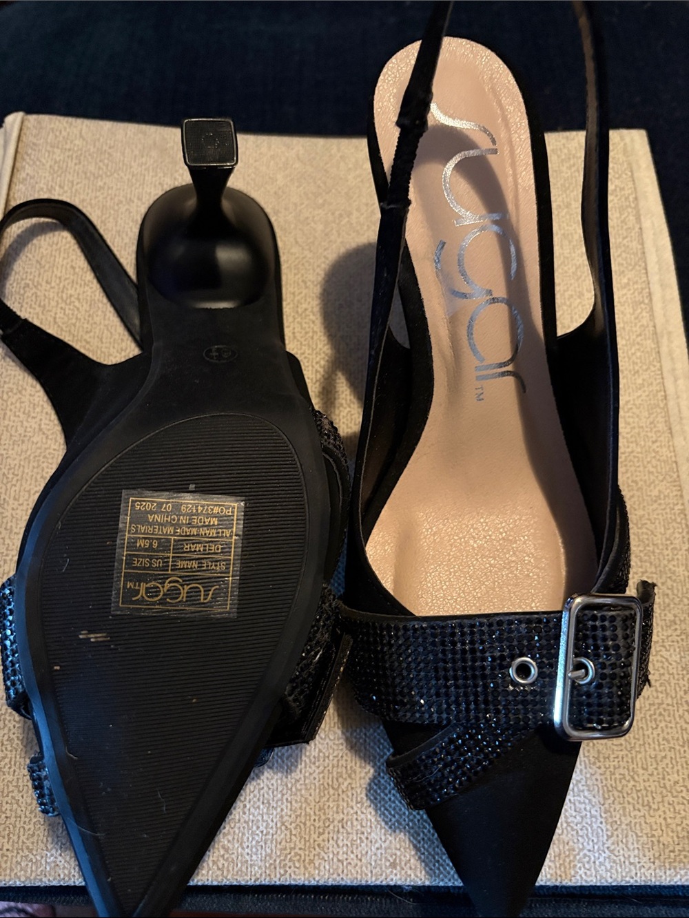 Sugar Black Pointed Slingback Heels with Buckle Detail
